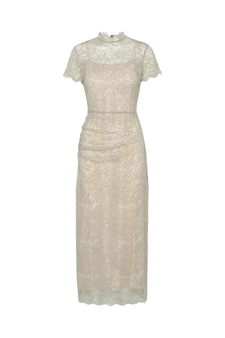 Rotate Birger Christensen women’s long pink lace dress with short sleeves and a high neckline in delicate ivory lace