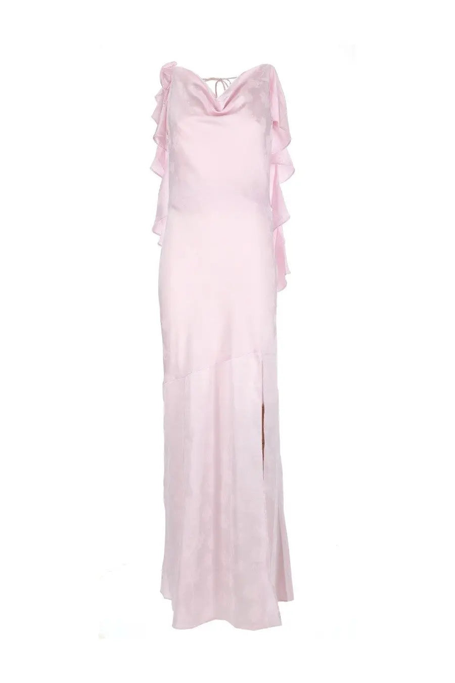 A soft pink satin maxi dress with ruffled shoulders and side slit in the style of rotate birger christensen women’s long waterfall dress blue