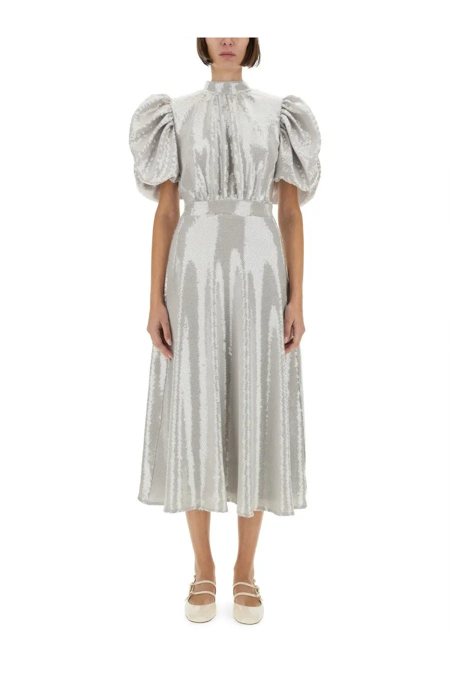Rotate Birger Christensen women’s grey midi dress with shimmering silver sequins puffed sleeves and high neckline