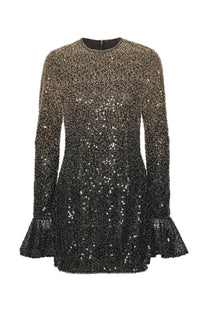 Rotate Birger Christensen women’s mini dress in shimmering black and gold sequins with long sleeves and flared cuffs