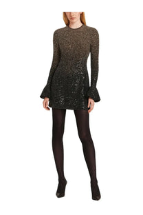 Rotate Birger Christensen women’s grey mini dress in shimmering black sequins with long flared sleeves and high neckline