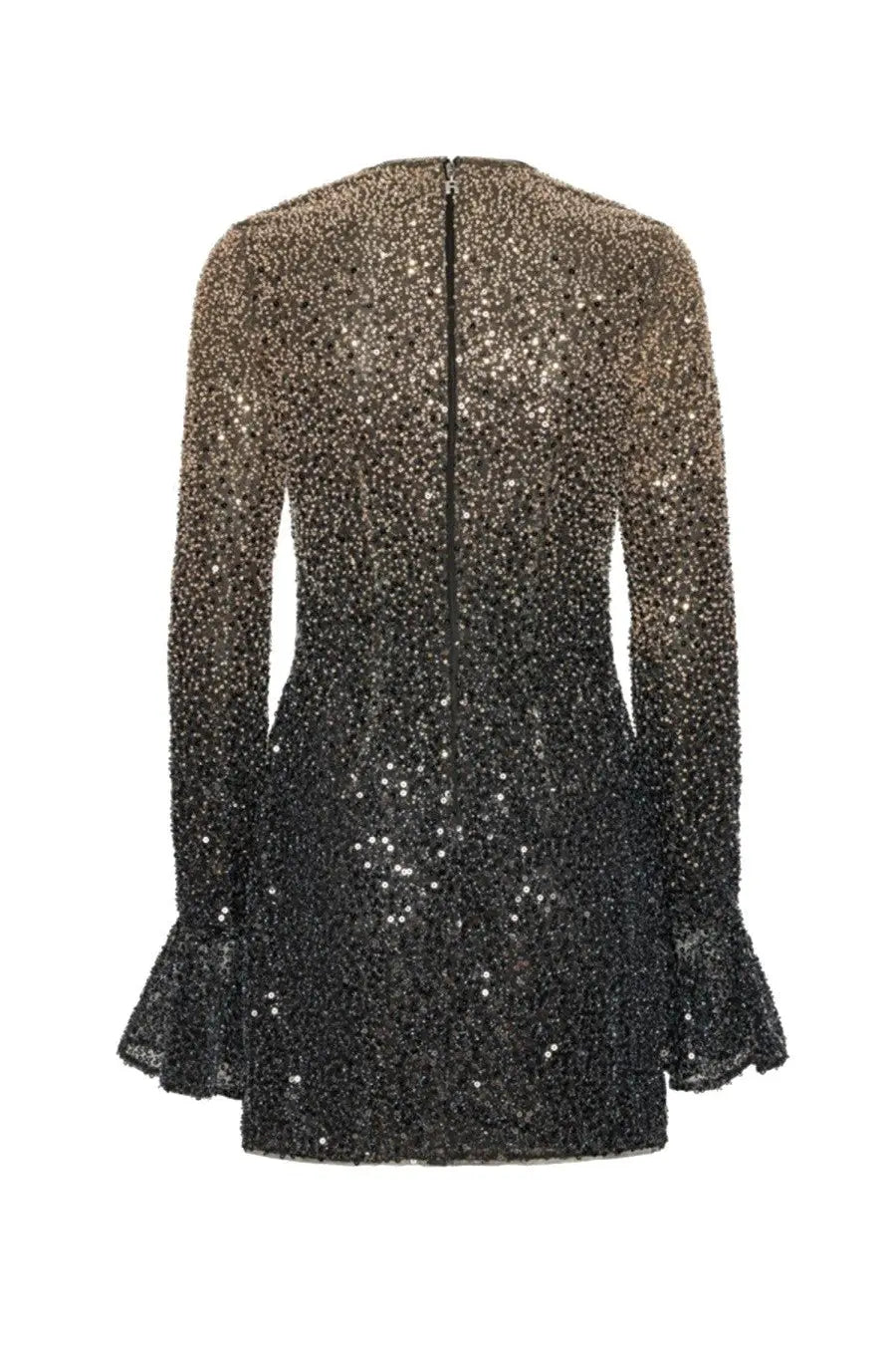 Rotate Birger Christensen women’s mini dress grey with shimmering gradient sequins and long flared sleeves, gold to black