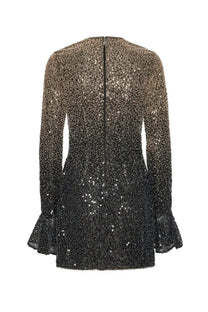 Rotate Birger Christensen women’s mini dress grey with shimmering gradient sequins and long flared sleeves, gold to black