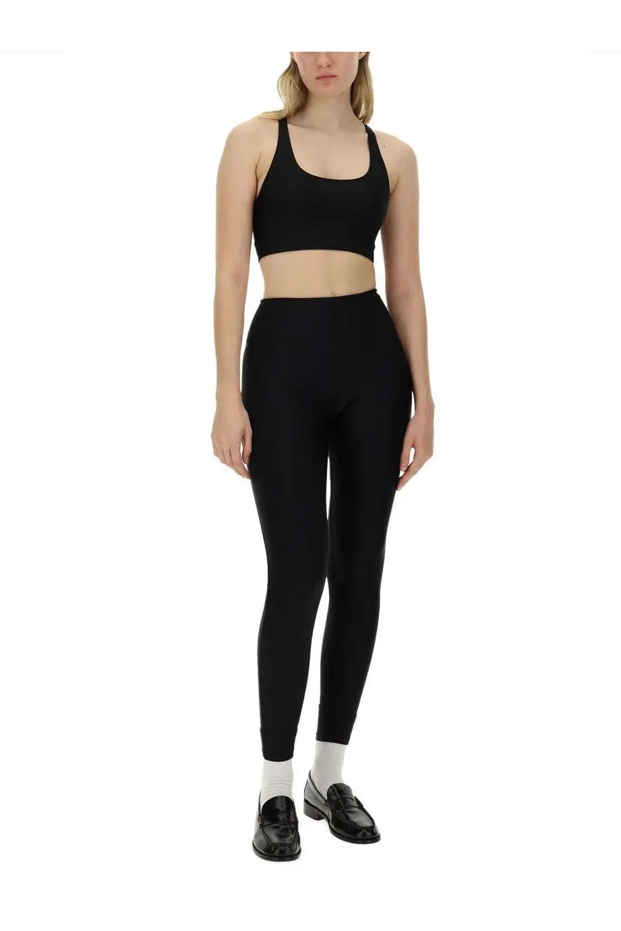 Rotate Birger Christensen women’s black nylon high-waisted leggings with smooth seamless form-fitting material