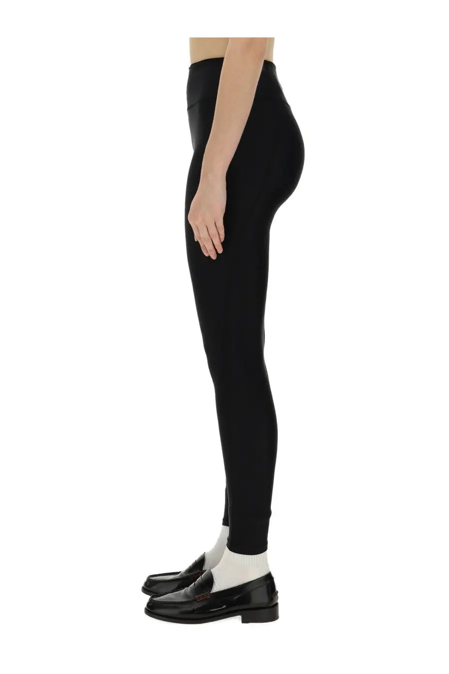Black high-waisted Rotate Birger Christensen women’s nylon leggings with smooth form-fitting fabric front view