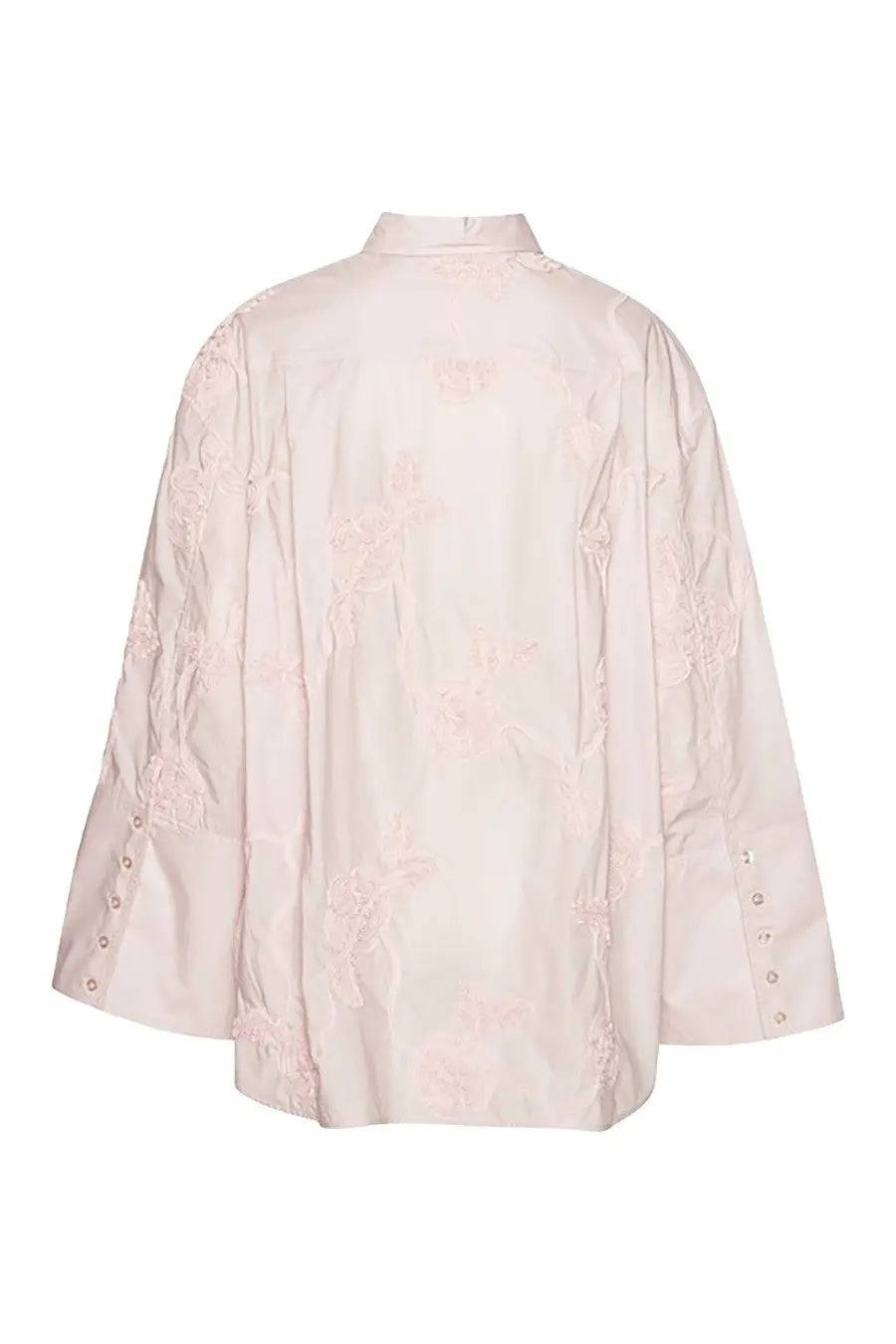 Rotate Birger Christensen women’s oversized shirt blue shown from the back with floral embroidery on sleeves and back