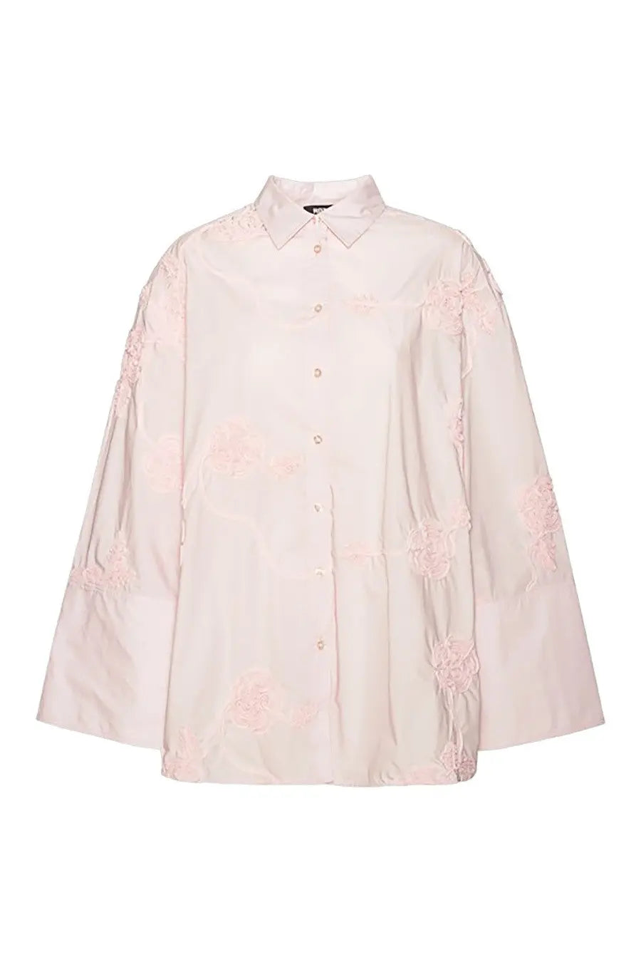 Rotate birger christensen women’s oversized shirt blue with soft blush pink floral lace applique blouse front view
