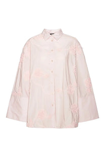 Rotate birger christensen women’s oversized shirt blue with soft blush pink floral lace applique blouse front view