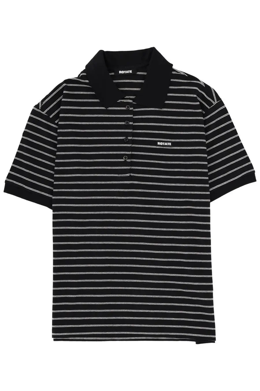 Rotate Birger Christensen women’s black and white striped polo shirt with ribbed collar and short sleeves featuring branding