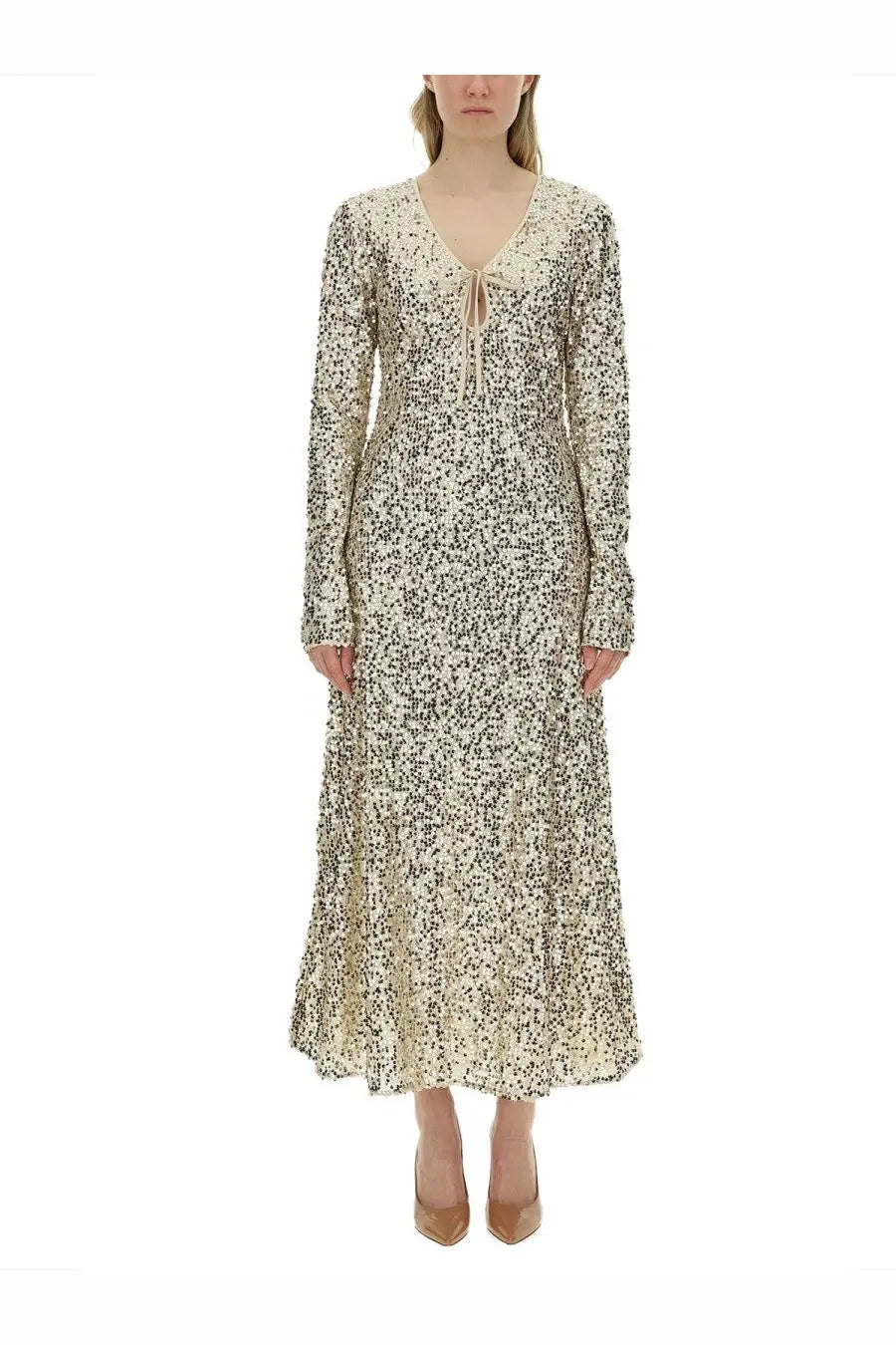 Rotate birger christensen womens cream dress with black speckled pattern long sleeves and lace-up neckline