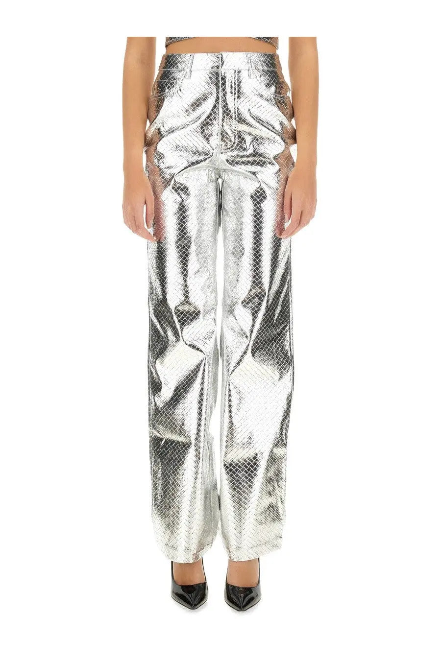 Rotate Birger Christensen women’s silver high-waisted wide-leg pants with shiny snakeskin pattern
