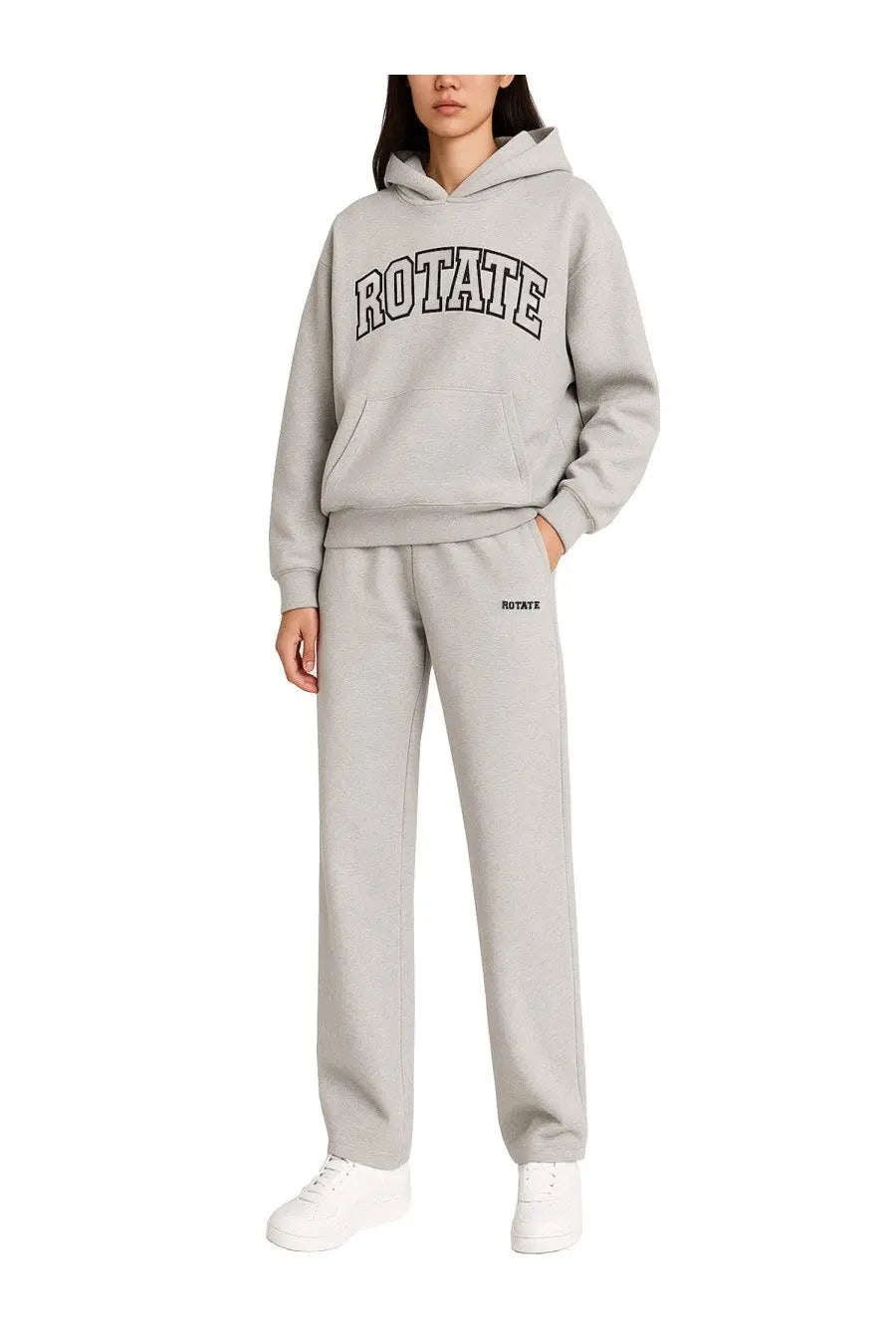 Rotate Birger Christensen women’s gray sweatshirt and sweatpants set with relaxed fit and bold arched lettering on chest