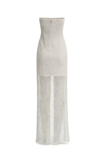 Rotate women’s long lace dress pink featuring a strapless white lace gown with fitted bodice and sheer overlay