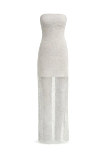 Rotate women’s long lace dress pink featuring a white strapless maxi design with a high slit and floral pattern