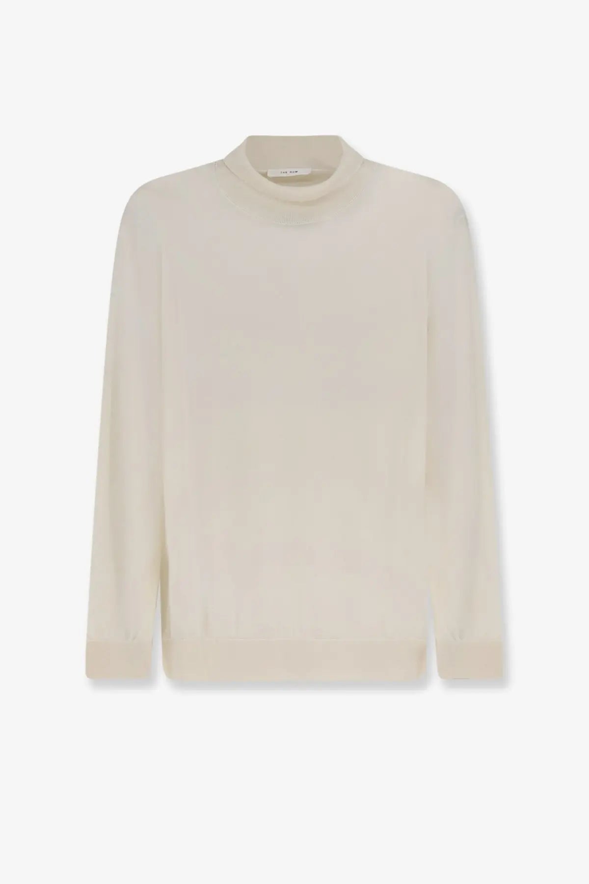 The row women’s cream-colored long-sleeved crewneck sweater in cashmere and silk blend with smooth knit texture
