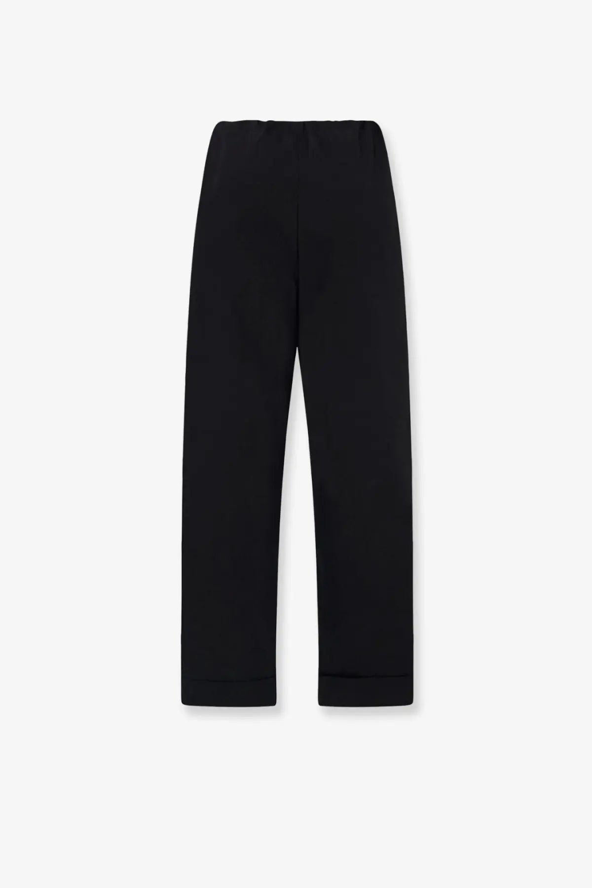 The Row women’s Delano black cotton trousers feature straight legs with smooth fabric and rolled cuffs