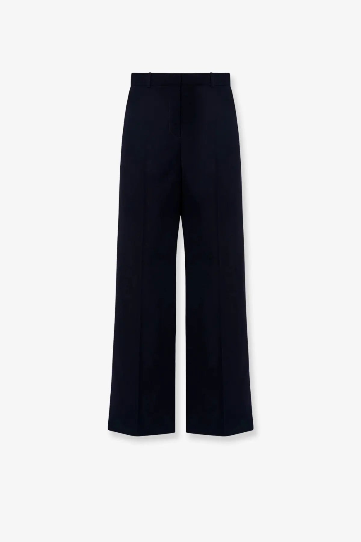 The row women’s dender wool trousers are blue wide-leg with a sleek tailored design and subtle creases