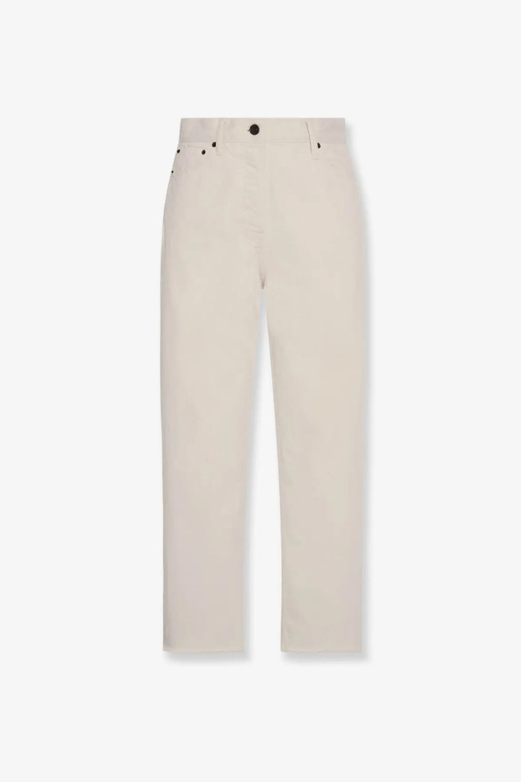 The row women’s fortino cream-colored straight-leg organic cotton trousers with black button accents and minimalist design