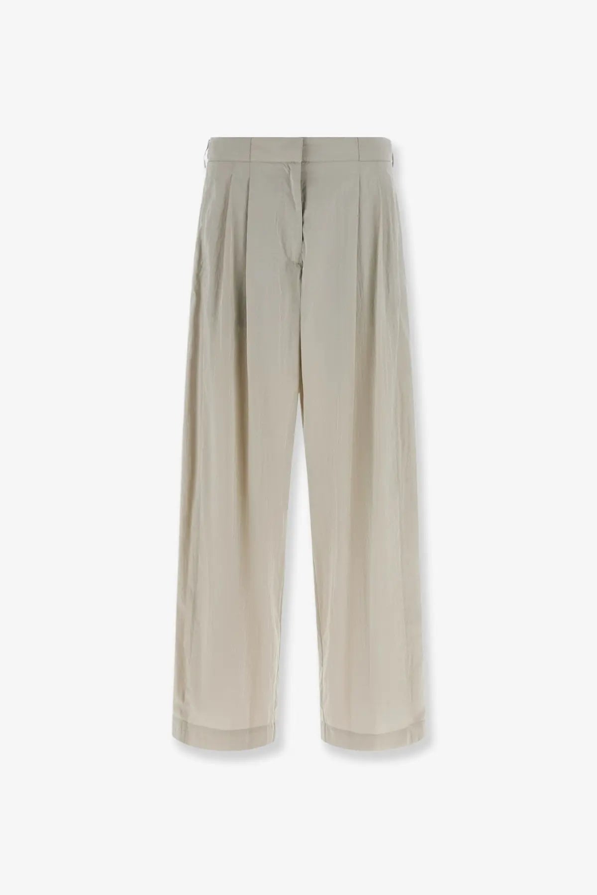 Beige pleated wide-leg trousers in smooth lightweight fabric and clean hemline from The Row women’s iven silk and nylon collection