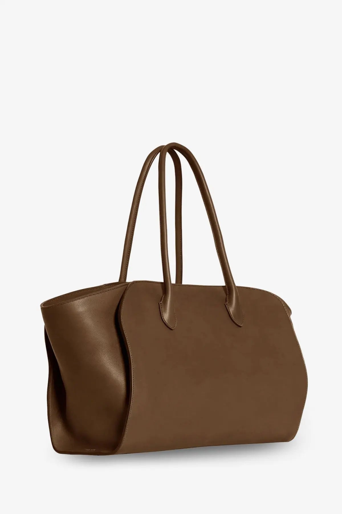 The row womens marlo leather shoulder bag brown is a sleek medium brown leather tote with structured handles