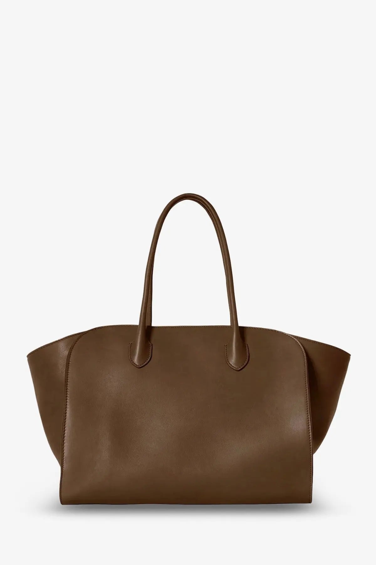 The Row women’s Marlo leather shoulder bag in brown features a structured shape with matching leather tote handles