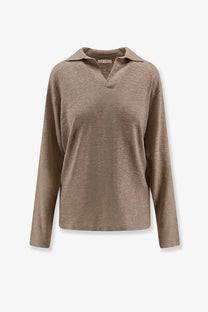 The Row women’s Niosa polo shirt in cotton and linen white with a soft beige textured knit and classic collar