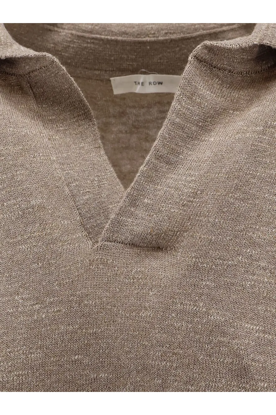 The Row womens Niosa polo shirt in cotton and linen white features a soft taupe knit with subtle texture and minimalist design