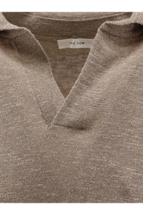 The Row womens Niosa polo shirt in cotton and linen white features a soft taupe knit with subtle texture and minimalist design