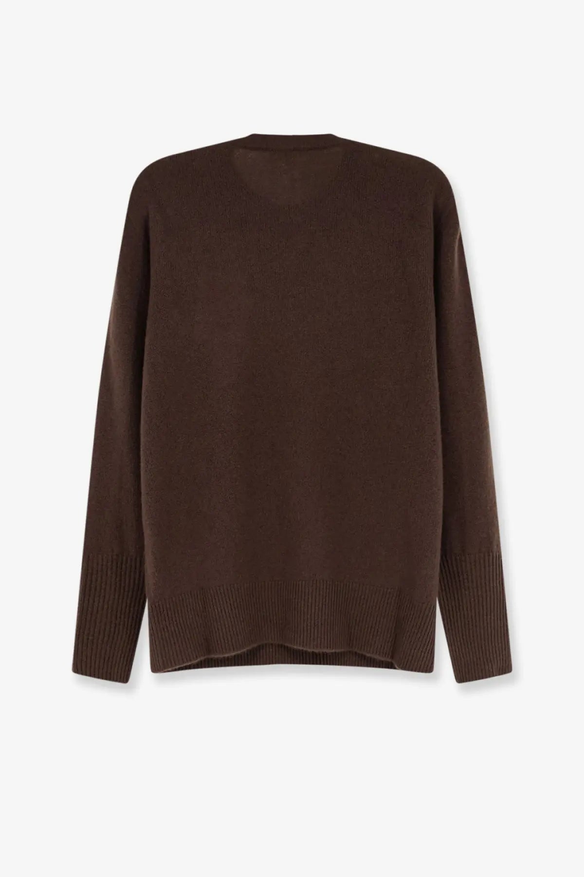 The row women’s odelle top cashmere sweater is a cozy deep brown knit with ribbed cuffs and hem