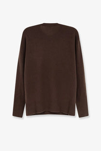 The row women’s odelle top cashmere sweater is a cozy deep brown knit with ribbed cuffs and hem