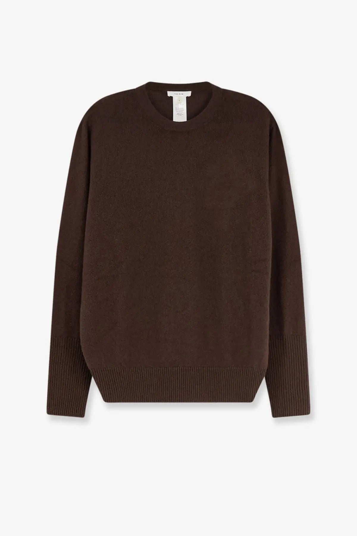 The row women’s odelle top cashmere sweater brown long-sleeved crewneck with ribbed cuffs and hem