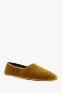 The row women’s ponti velvet loafers yellow shown as olive green suede slip-on loafer with pointed toe and flat sole