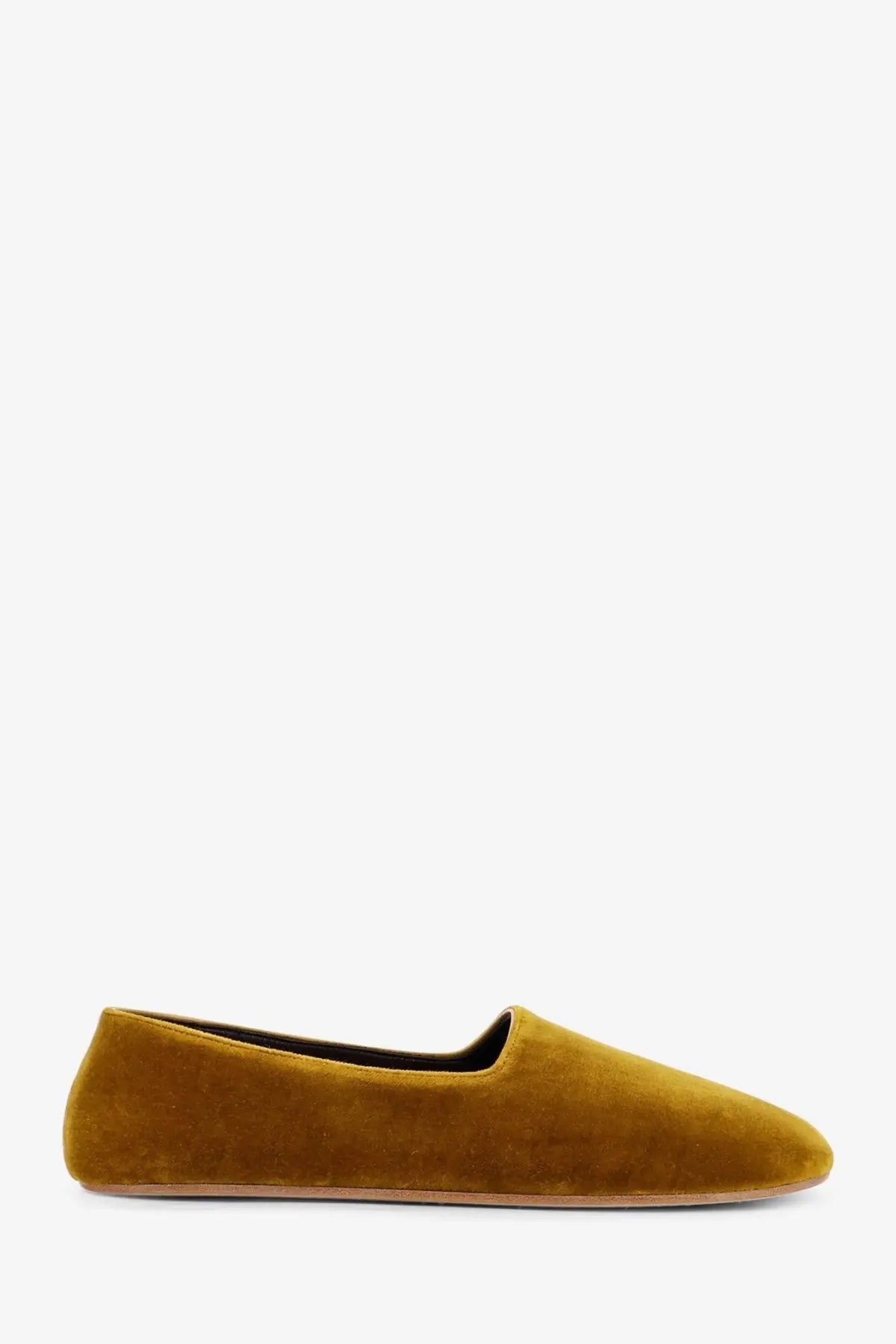 The row women’s ponti velvet loafers are olive green suede slip-on shoes with a soft velvety texture and minimalist design