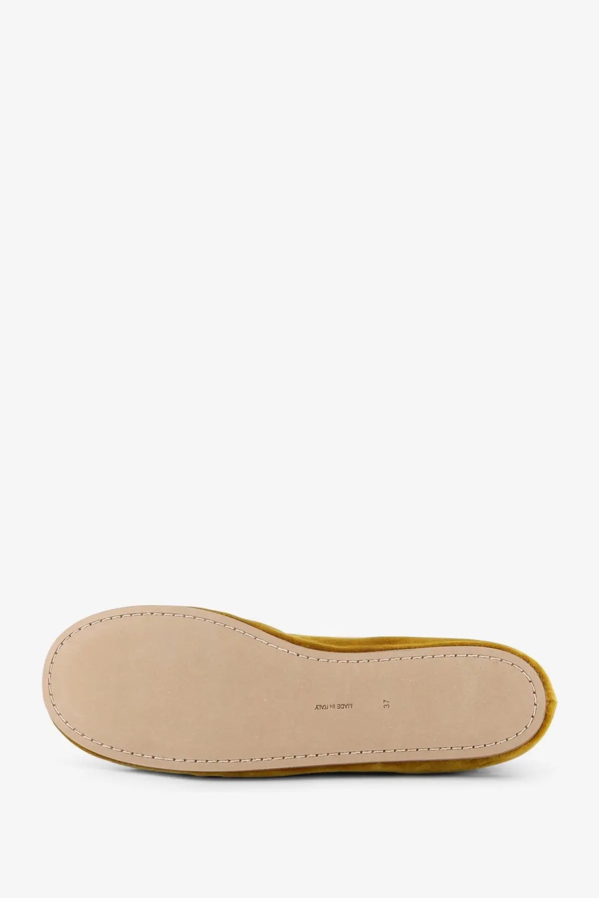 The Row women’s ponti velvet loafers yellow with yellow suede slip-on and light tan leather insole with stitching