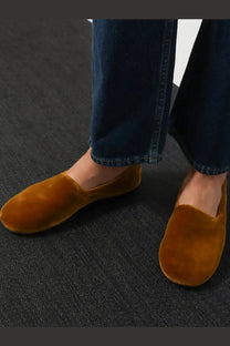 Warm amber velvet slip-on loafers from the row womens ponti velvet loafers yellow collection