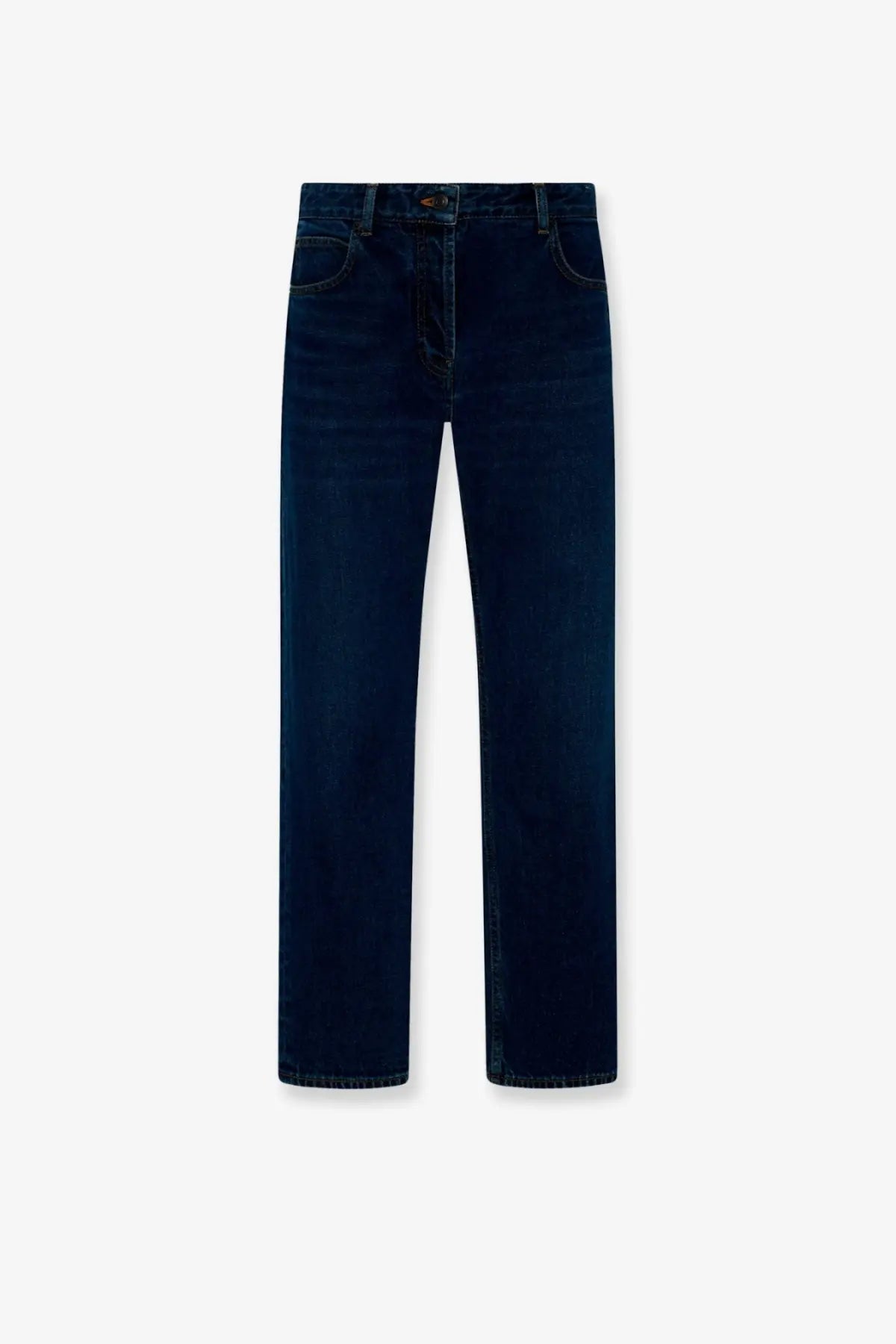 The Row women’s Riaco jeans in blue denim feature dark indigo straight-leg cut with classic five-pocket design