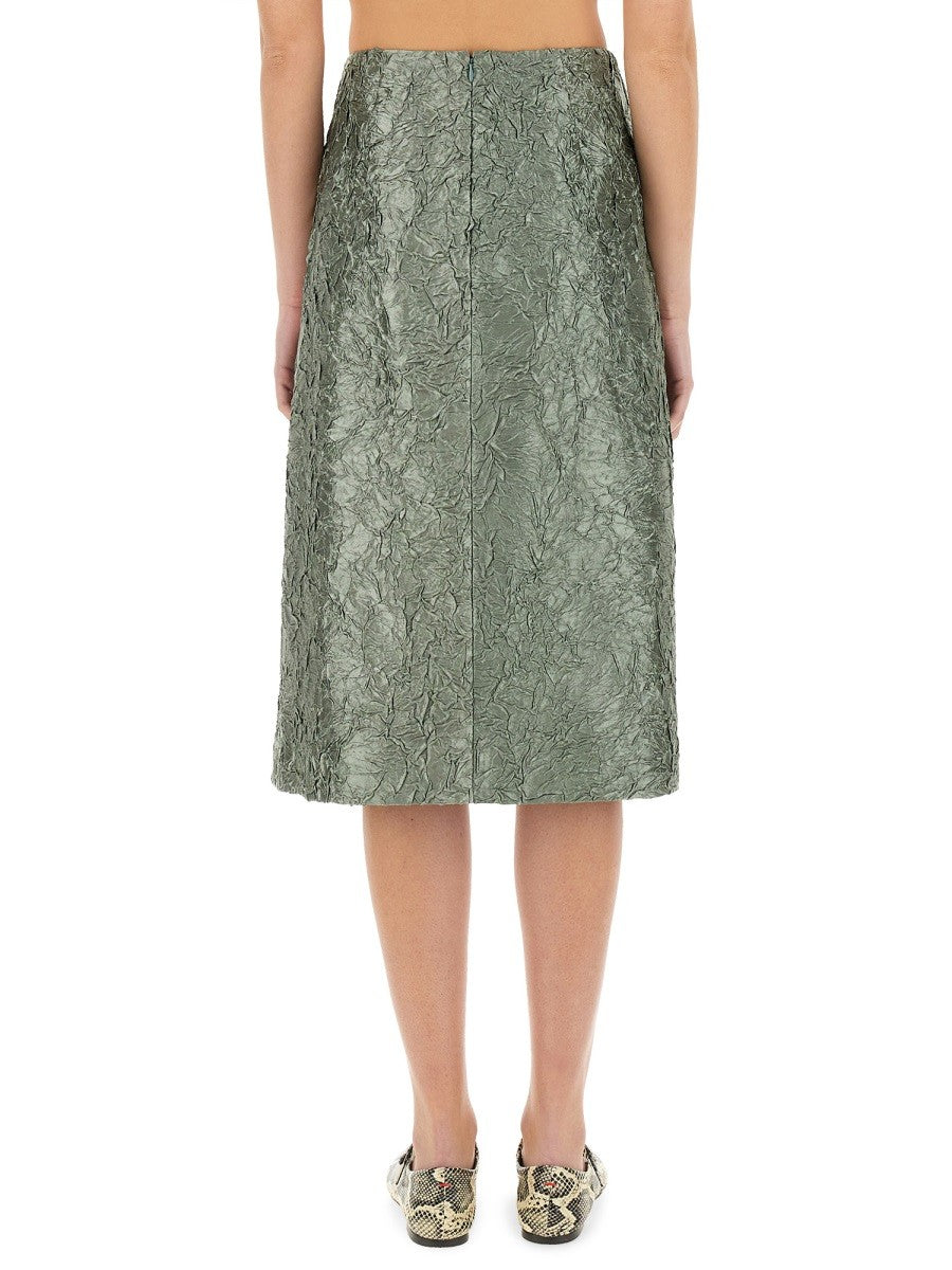 Dries Van Noten Women's Ruched Satin Midi Skirt Green Dries Van Noten