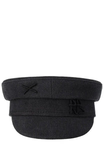 Ruslan Baginskiy women’s black woolen baker boy hat with subtle embroidered logo and cross detail