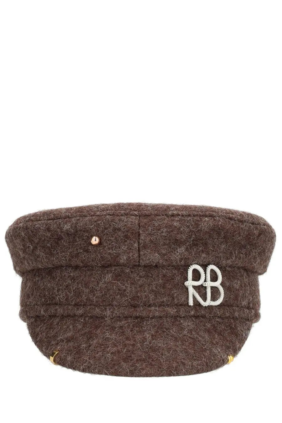 Ruslan Baginskiy women’s brown woolen baker boy hat with white embroidered pb logo and gold-tone studs
