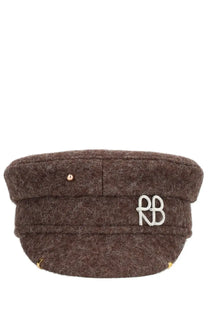 Ruslan Baginskiy women’s brown woolen baker boy hat with white embroidered pb logo and gold-tone studs