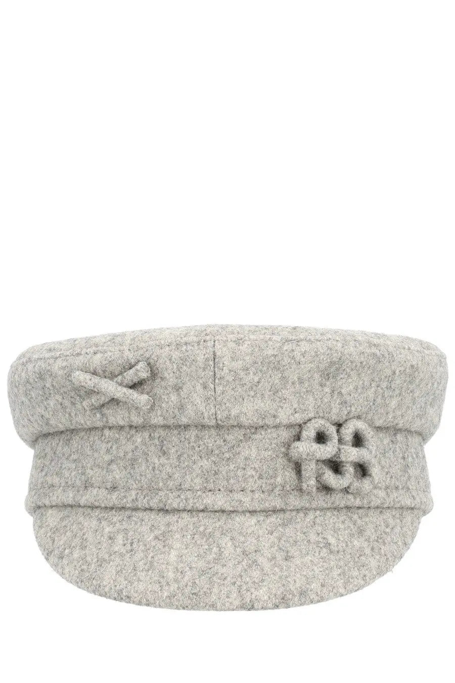 A soft gray woolen ruslan baginskiy women’s baker boy hat with a structured brim and knotted embellishments