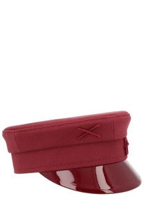 Ruslan Baginskiy women’s cappello baker boy cap in burgundy with patent leather brim and crossed stitched fabric crown