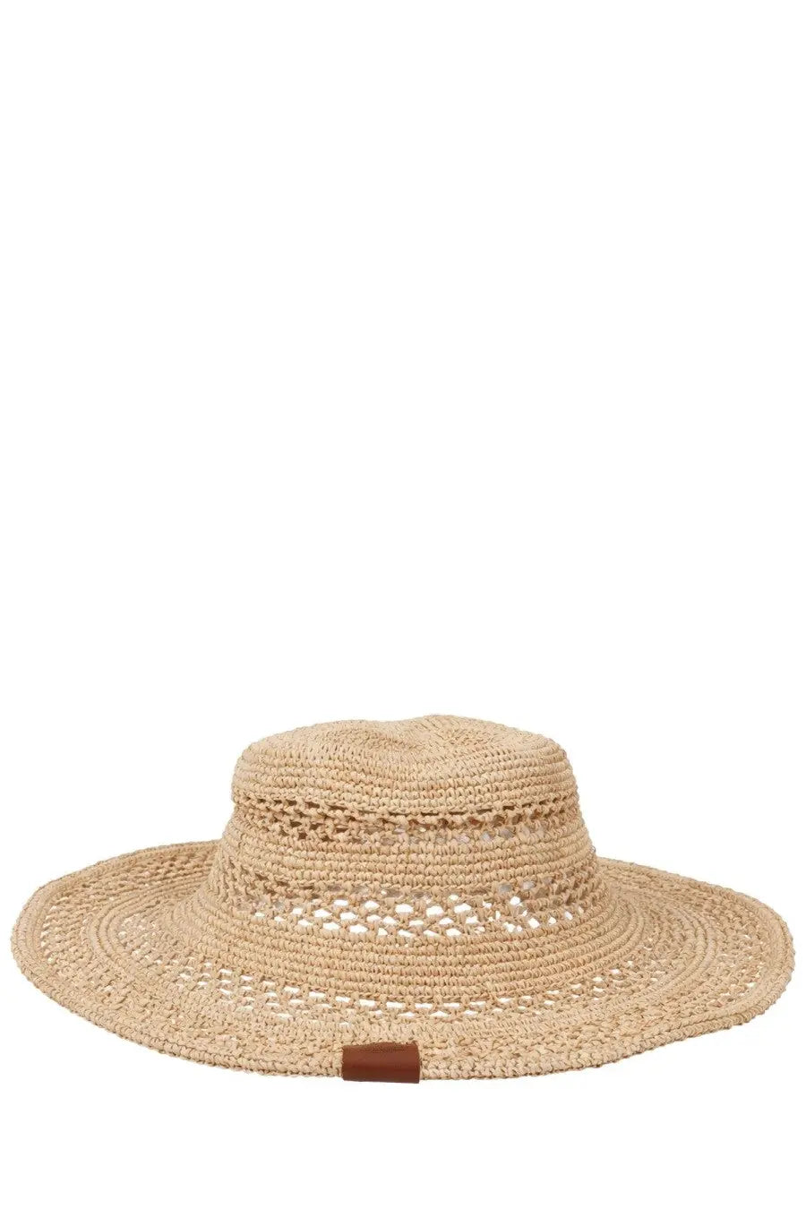 Ruslan Baginskiy women’s cappello bucket beige woven straw hat with wide brim crochet pattern and brown leather tag