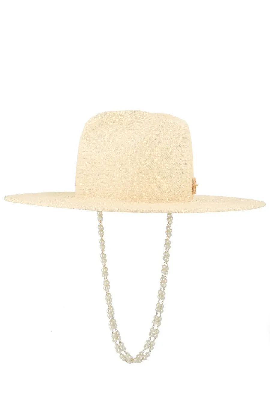 Beige straw fedora with wide brim and pearl chain by Ruslan Baginskiy women’s cappello da cowboy con white