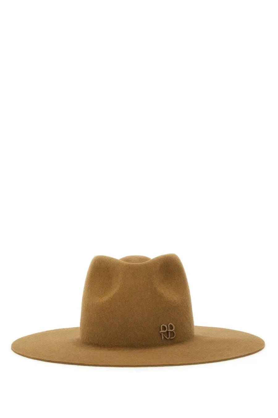 Tan felt fedora hat with subtle embroidered logo on the side from Ruslan Baginskiy women’s beige hat collection