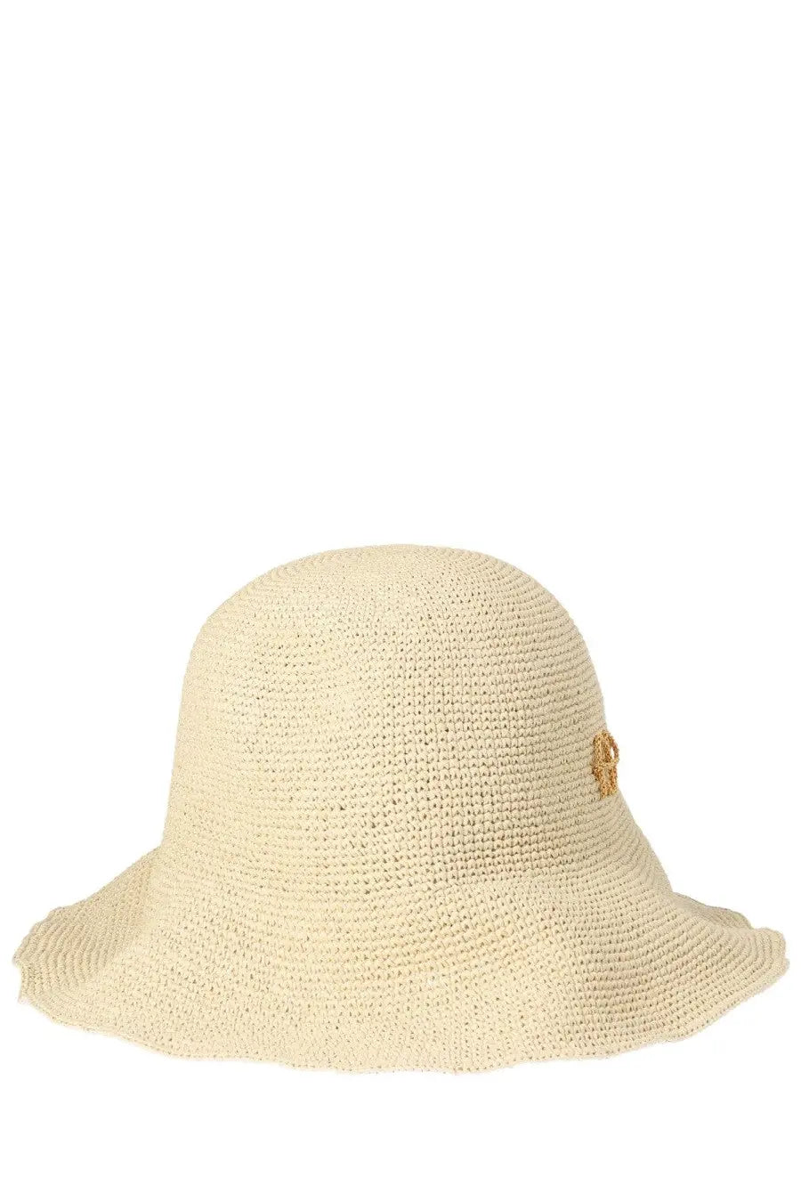 Ruslan Baginskiy women’s beige woven straw bucket hat with a small gold-toned decorative emblem on the side