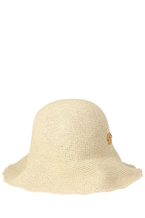 Ruslan Baginskiy women’s beige woven straw bucket hat with a small gold-toned decorative emblem on the side