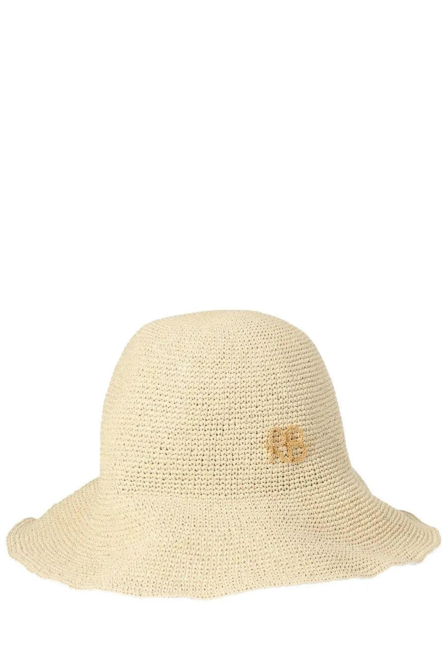 Ruslan Baginskiy women’s beige woven straw sun hat with scalloped brim and tan fabric patch on the side