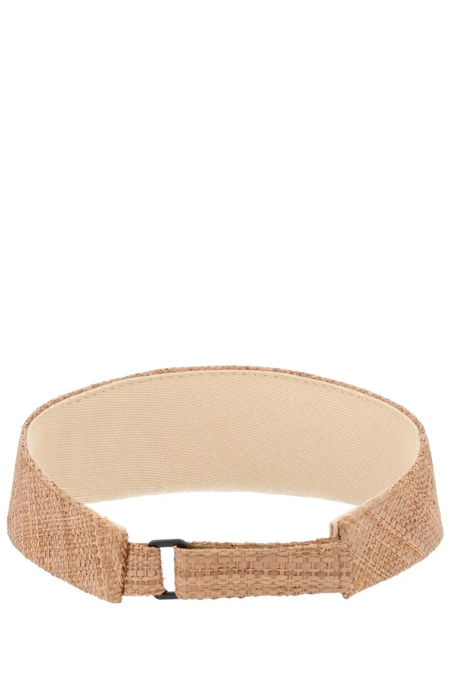 Beige woven belt with black plastic buckle complementing ruslan baginskiy women’s visiera in paglia beige hat