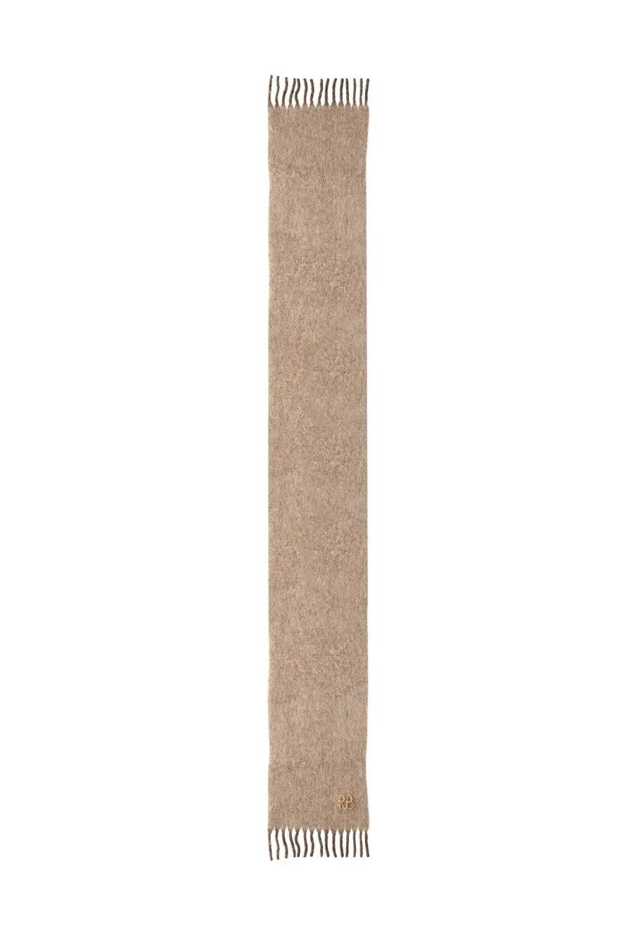 Beige textured wool knit scarf with fringed ends and small embroidered logo by ruslan baginskiy